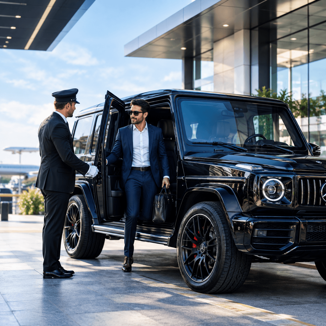 Professional chauffeur standing beside luxury vehicle